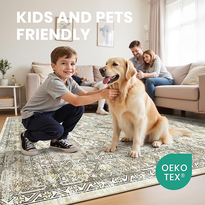 zesthome 6x9 Area Rug, Super Soft Washable Rugs for Living Room, Non-Slip Stain Resistant Vintage Rugs, Ultra-Thin Large Area Rugs (Beige/Brown,6'x9')