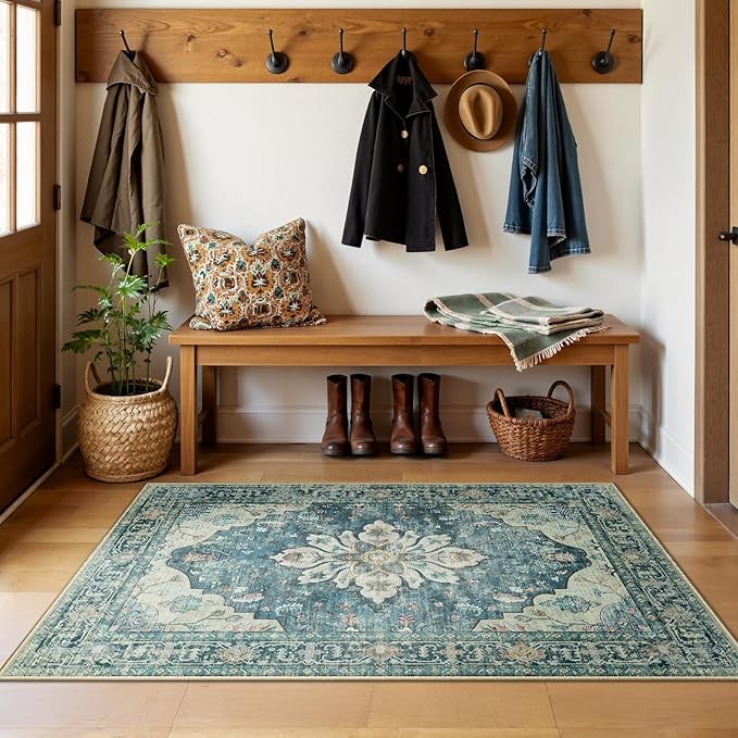 RELEANY Area Rugs 3'x5' Washable Non-Slip, Floral Vintage Distress Print Pattern Medallion Carpet for Living Room Bedroom Dining Room, Dark Blue Vintage