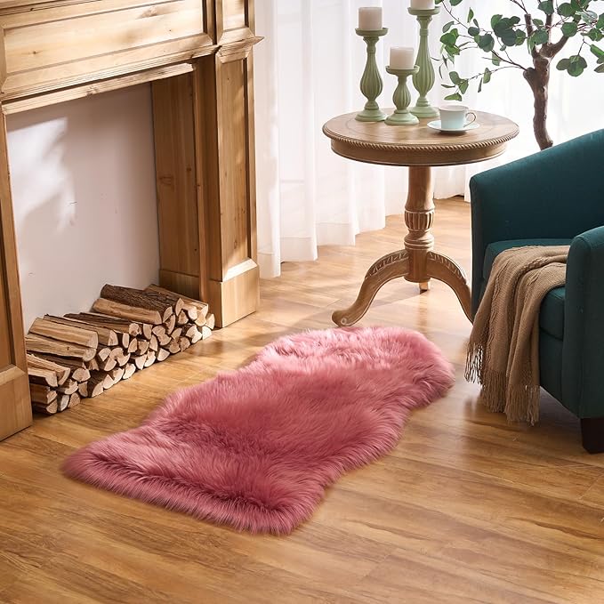 EasyJoy Ultra Soft Fluffy Shaggy Area Rug Faux Fur Rug Chair Cover Seat Pad Fuzzy Area Rug for Bedroom Floor Sofa Living Room (2 x 4 ft Sheepskin, BlushPink)