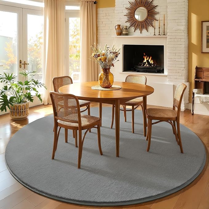 Amearea Grey Round Area Rugs 5ft Washable Circle Rugs for Bedroom Living Room, Fluffy Indoor Thickened Memory Foam Rug, Non Slip Minimalist Circular Carpet for Kids Boys Girls Dorm Nursery Room Decor