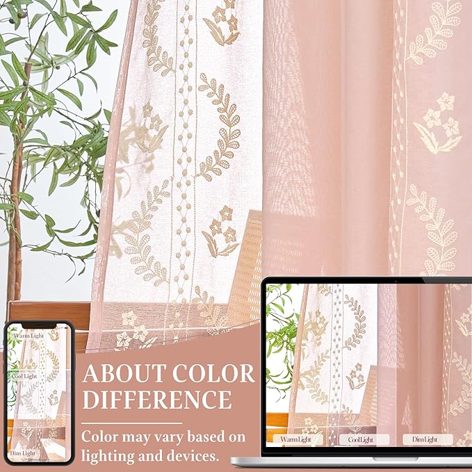 jinchan Belrose Pink Floral Sheer Curtains for Living Room 96 Inch Long Voile Embroidered Farmhouse Curtains for Bedroom Ivory Flower Patterned Rod Pocket Window Treatments, 2 Panels Pink