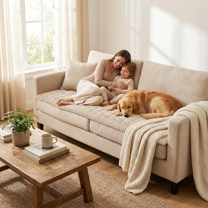 Smiry Couch Cover for Dogs Washable, Non Slip Fuzzy Pet Couch Covers for 3 Cushion Sofa Pet Friendly, Thick Soft Sofa Slipcovers Cushion Protector (Apricot, 27.6" x 70.9")