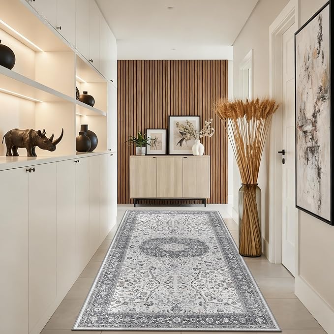 Hallway 4x8 Washable Runner Rug: Oriental Stain Resistant Entryway Kitchen Rug Farmhouse Soft Carpet for Bathroom Bedroom Thin Laundry Room Floor Mat with Non Slip Backing for Pets Family(4x8,Grey)