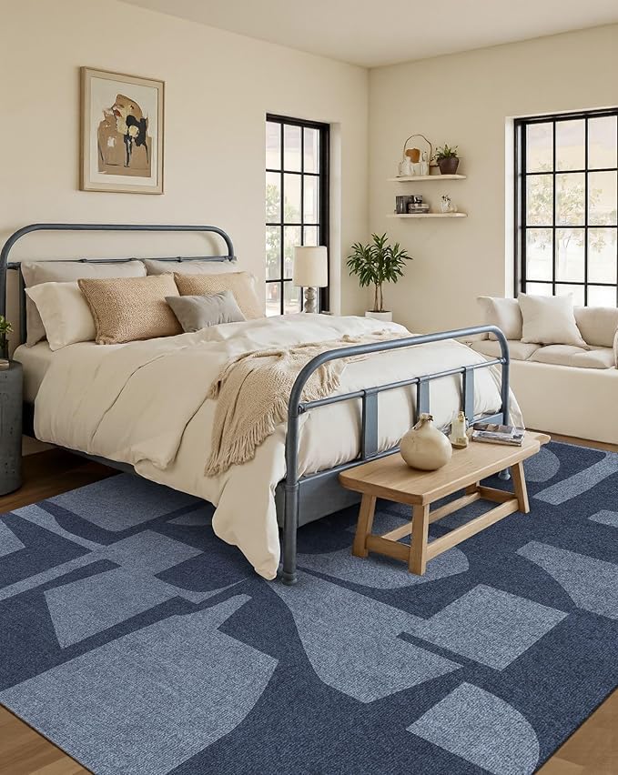 Latte&Fog 6x9 Area Rugs for Living Room Bedroom, Modern Abstract Washable Rug, Boho Non Slip Low Pile Carpet for Indoor Dining Room, Dorm, Classroom, College Dorm, Farmhouse and Kids Room - Navy Blue