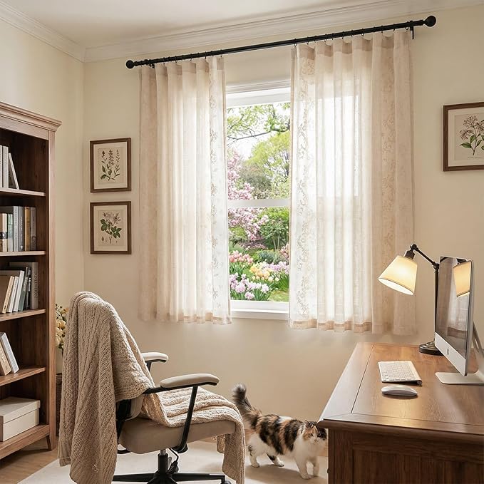 jinchan Evelyn Embroidered Linen Curtains 63 inch Floral Curtains for Living Room Bedroom Farmhouse Cottagecore Semi Sheer Light Filtering Window Drapes Rod Pocket Back Tab 2 Panels W50 x L63 Ivory