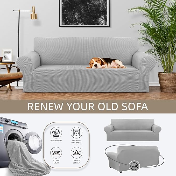KEKUOU Stretch Sofa Cover Slipcover ，Couch Covers for 3 Cushion Couch Sofa pet Friendly (78"-94") Furniture Protector Sofa with Elastic Bottom for Kids,Dog, Jacquard Small Checked(Large,Silver)