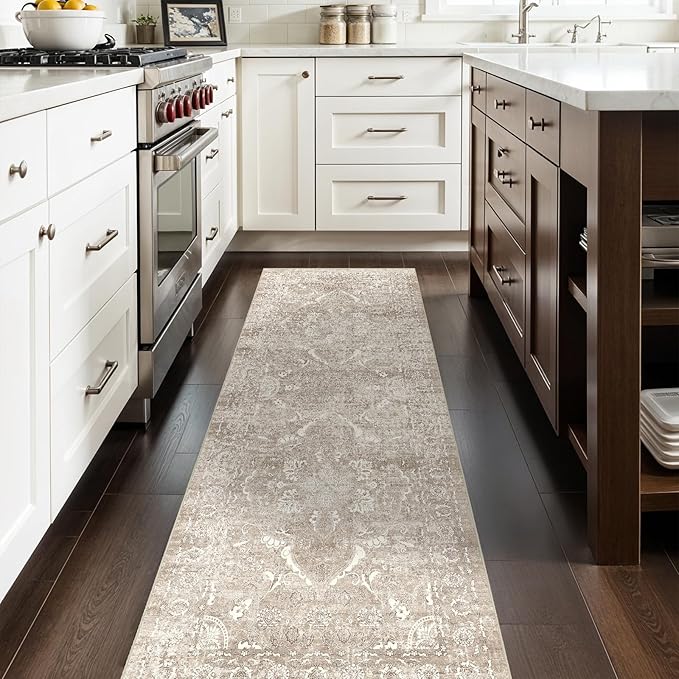 2'6"x8' Washable Hallway Runner Rug - Non Slip Kitchen Runner Rugs with Rubber Backing Vintage Low-Pile Carpet Runners for Entryway Dining Room Laundry Room Home Decor (Beige)