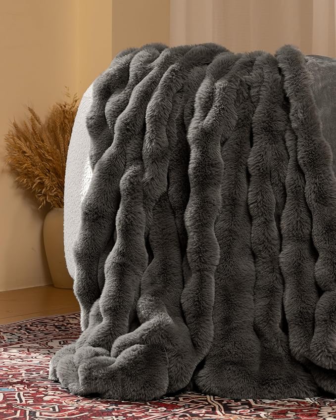 Ultra Soft Cozy Faux Fur Throw Blanket-Fuzzy Plush Thick Bubble Blanket, Fluffy Blanket for Couch, Sofa, Bedroom, and Living Room, 50x60 Inches, Dark Grey Taupe