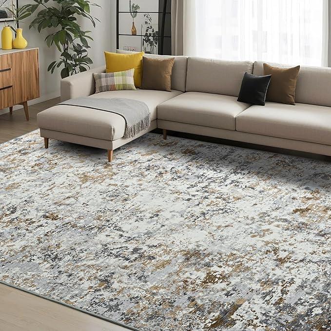 Toneed Abstract Area Rug Modern Washable Rug Soft Non Slip Rug Low Pile for Bedroom Living Room Dining Room Brown Grey Gold 3x5 Feet