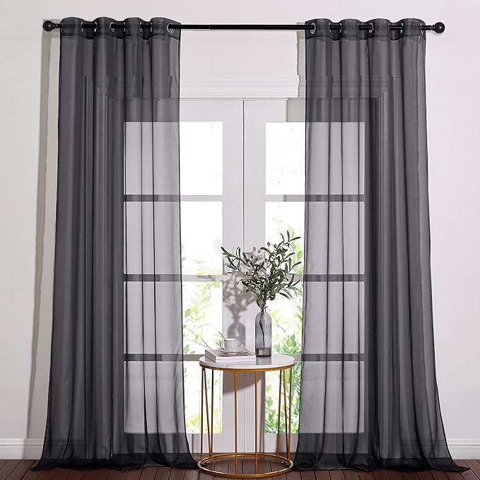 NICETOWN Living Room Sheer Curtains 108 inch Long, Eyelet Top Voile Textured Hazy Sheer Draperies Privacy with Light Penetration for Villa, W54 by L108 inches, 2 Panels, Black