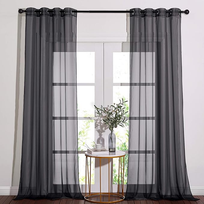 NICETOWN Black Sheer Curtains 90 inches Long, Grommet Voile Textured Hazy Sheer Window Treatments Privacy with Light Filtering for Halloween, W54 x L90, 2 Panels