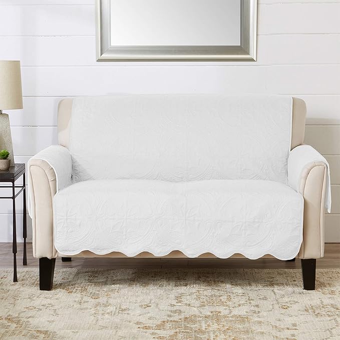 Great Bay Home Reversible Loveseat Cover - Washable Slipcover Furniture Protector with Elastic Straps - Perfect for Kids & Pets - Quilted & Stitched Detail (White/Sand)