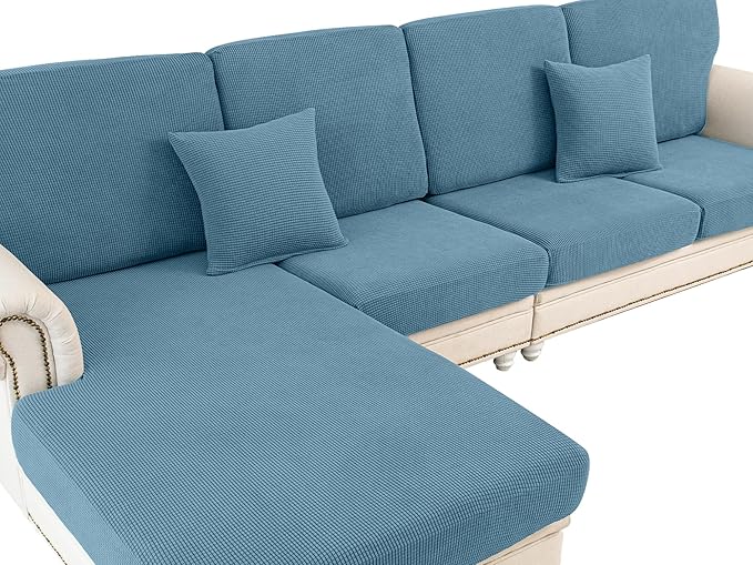 Couch Cushion Cover Chaise Lounge Cover Washable Separate Seat Chaise Couch Cover Stretch Sectional Sofa Slipcover(1 Piece for Chaise or Sofa 3-Seater, Blue)