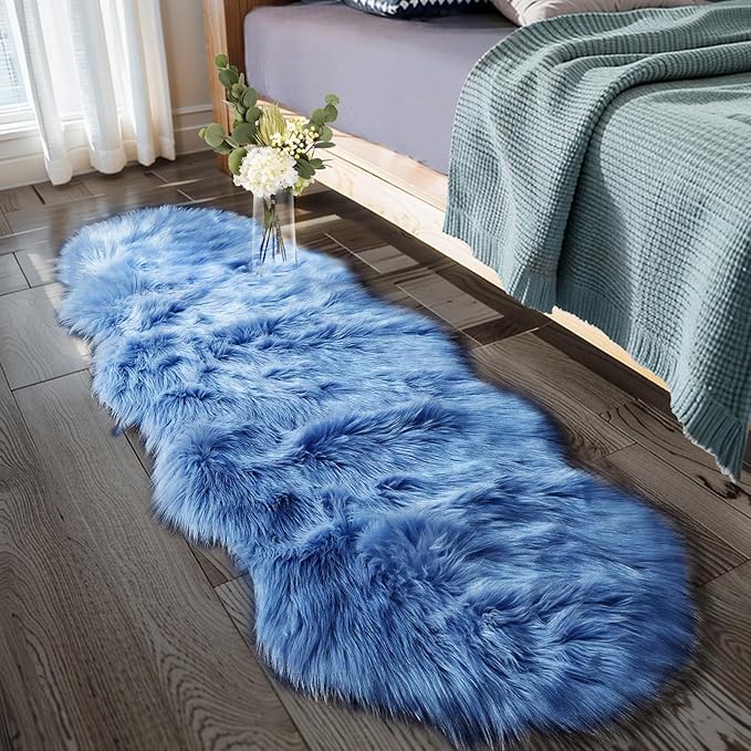 Ciicool Ultra Soft Faux Sheepskin Fur Rug Fluffy Rug for Bedroom Fuzzy Carpet for Living Room Kid's Room Nursery Decor, Dark Blue 2 x 6 Feet