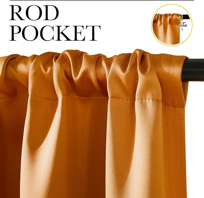NICETOWN Room Darkening Cafe Satin Curtains for Small Windows, 42" Wide by 63" Long, 2 Panels, Orange, Rod Pocket Privacy Faux Silk Blackout Drapes for Bedroom