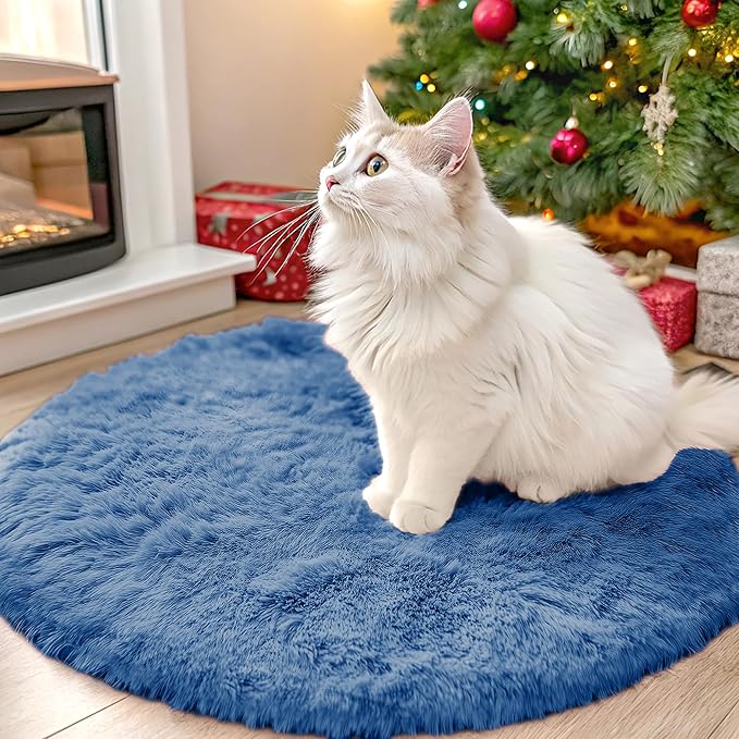 OLANLY Blue Round Rugs for Bedroom - Machine Washable, 2 ft Circle Area Rugs for Living Room, Soft and Fluffy Shaggy Carpet for Teen Girl and Boys, Nursery Rooms, Dorms, Home Decor Aesthetic
