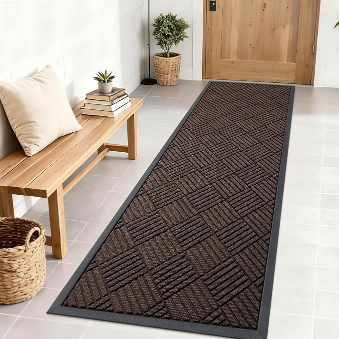 OLANLY Front Door Mat Outside Entrance 71x23, Absorbent, Heavy Duty Sturdy Natural Rubber Doormat Indoor Outdoor, Stain and Fade Resistant, Non-Slip Low Profile Floor Mat for Entryway, Brown Diamond