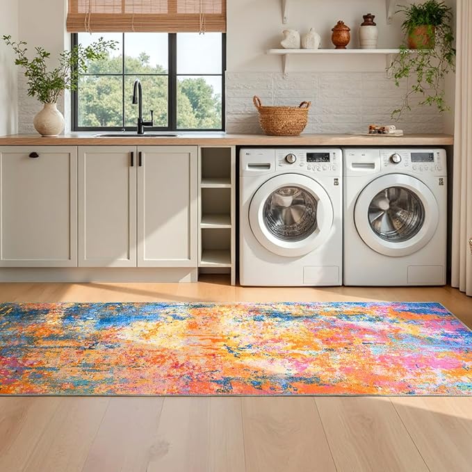 2x6 Rainbow Rug Runners for Hallways Kitchen Runner Rug Non Slip Washable Colorful Long Runner Rugs with Rubber Backing Soft Abstract Carpet Runner for Bedroom, Kitchen, Bathroom, Entryway