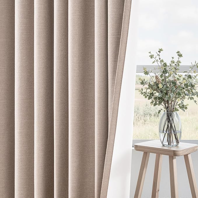Natural Beige blackout curtains 84 inch Long 2 Panels 100% Blackout Linen Texture Curtain Window Drapes with Back Tab Rod Pocket Light Blocking Thermal Insulated Curtains for Bedroom Living Room
