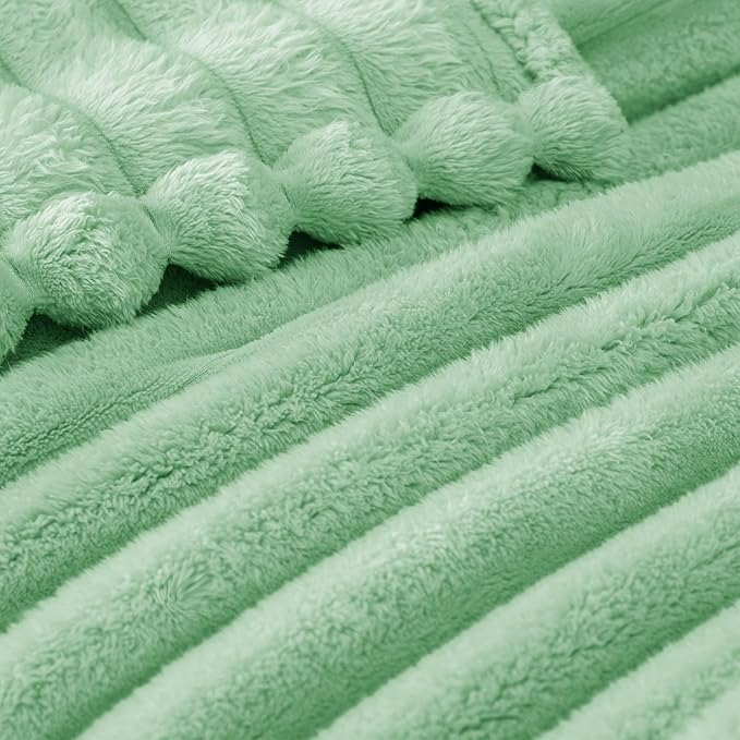Exclusivo Mezcla Twin Size Flannel Fleece Blanket, Super Soft Striped Jacquard Bed Blanket, Lightweight Fuzzy Cozy for All Seasons, 60x80 Inches, Sage Green