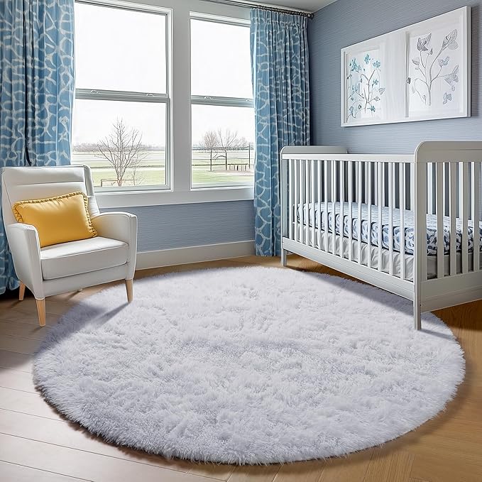 ONASAR White Round Rugs 6ft for Living Room Bedroom, Fluffy Circle Area Rug for Kids Girls Boys Teen, Soft Plush Shaggy Carpet for Nursery Dorm Classroom Playroom Home Decor Aesthetic