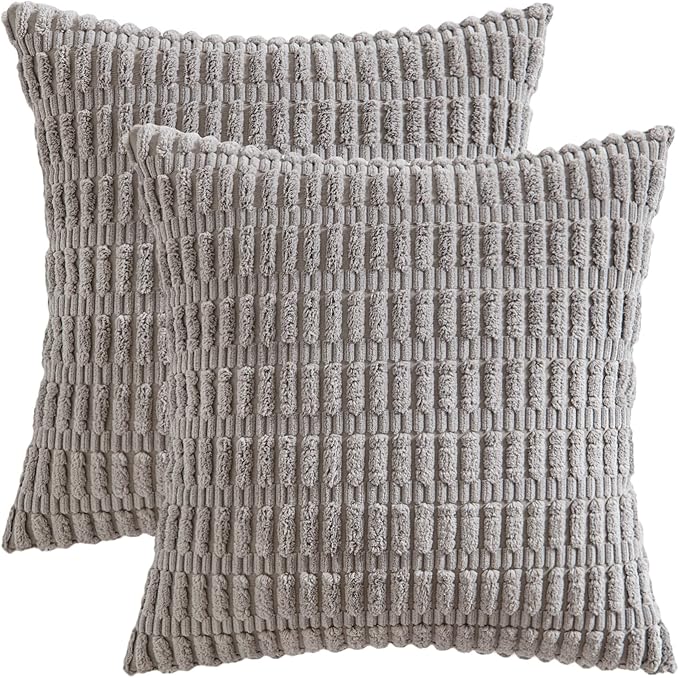 MIULEE Pack of 2 Corduroy Decorative Throw Pillow Covers 16x16 Inch Soft Boho Striped Pillow Covers Modern Farmhouse Home Decor for Sofa Living Room Couch Bed Light Grey