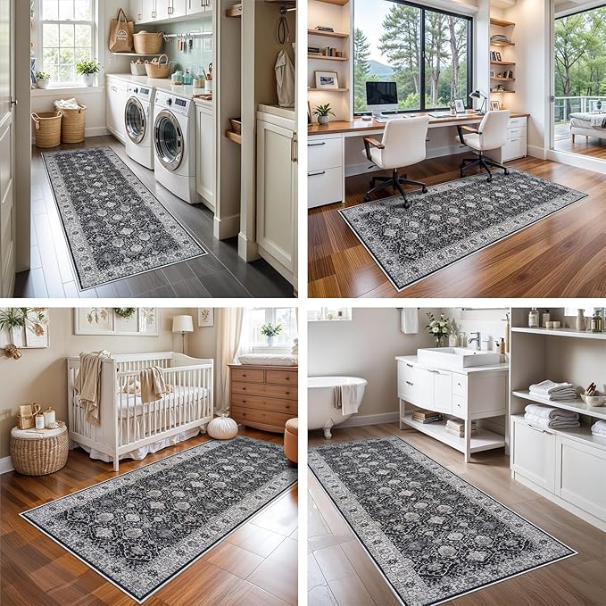 Hallway Washable Runner Rug - 2x6 Kitchen Rugs Entryway Rug Runner Vintage Soft Floor Mat Non Slip Indoor Farmhouse Carpet for Bathroom Living Room Bedroom (2 X 6, Black)