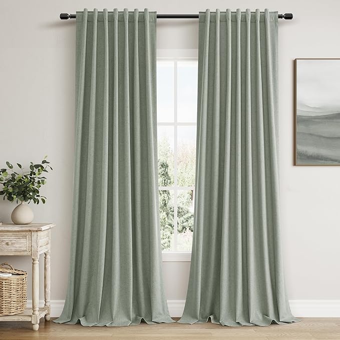 Guken 100% Blackout Curtains 96 Inch Length 2 Panels Set for Living Room Bedroom Back Tab Thermal Insulated Black Out Linen Drapes Room Darkening Window Curtains 96 Inches Long,Desert Sage