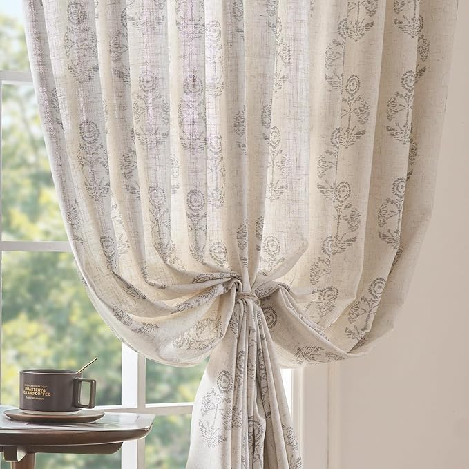 jinchan Linen Floral Curtains for Living Room 63 Inch Length Gray Flower Cottage Core Farmhouse Curtains Rod Pocket Back Tab Boho Semi Sheer Window Drapes Bedroom Set 2 Panels Grey on Beige