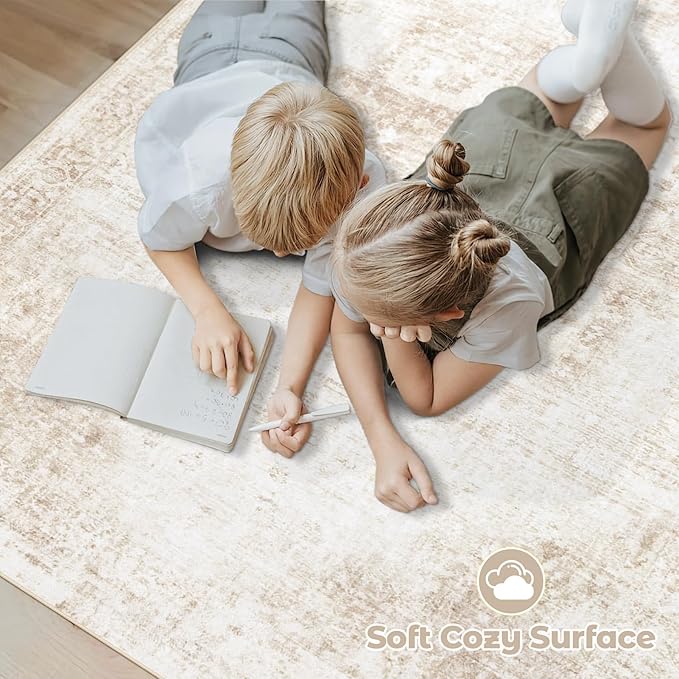 Area Rug 10x14 Washable Rug, Vintage Boho Medallion Rugs Non-Slip Soft Low Pile Large Distressed Rug Indoor Retro Carpet for Living Room Bedroom Dining Room Home Office (Beige, 10'x14')