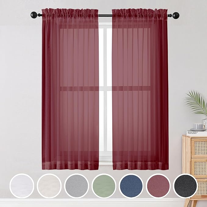 OWENIE Sheer Curtains, Sheer Curtains 63 inch Length 2 Panels Set, Rod Pocket Voile Fimly Sheer Drapes for Living Room/Bedroom, 2pcs, Each 42" W x 63" L, Burgundy