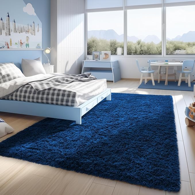 Ophanie Blue Rug, Boys 4x6 Rugs for Bedroom Royal Dark Blue Carpet Nursery Aesthetic, Kids Playroom Navy Area Rugs for Girls Teen Home Decor, Fluffy Shag Bedside Floor Living Room Carpet