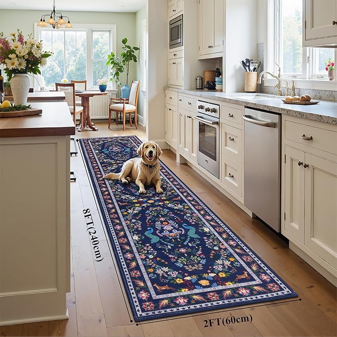 HEBE Washable Hallway Runner Rug 2'x 8' Non Slip Kitchen Rugs Runner,Low Pile Entryway Rug Laundry Room Mat Floral Carpet Runners for Hallways, Kitchen,Bathroom,Laundry,Bedside Rug