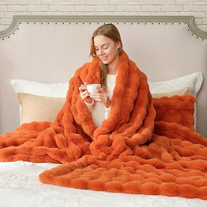 Cozy Bliss Faux Fur Throw Blanket for Bed King Size, Bubble Plush Blanket, Fuzzy Soft & Thick Blanket for Fall Bed Sofa Living Room, 108x90 Inches Halloween Burnt Orange