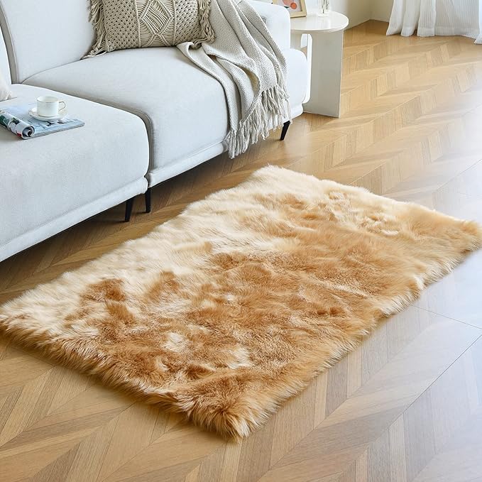duduta Beige Faux Sheepskin Fur Rug 3x5 ft, Fluffy Shag Bedroom Dorm Nursery Playroom Carpet Rug Non Slip Washable