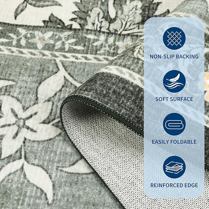 GarveeHome Provence Botanical Grove 4x6 Rug Vintage Cottagecore Soft Gray Fog Green 4x6 Washable Rug for Bedroom Living Room Nursery Kitchen Entryway Indoor Mat