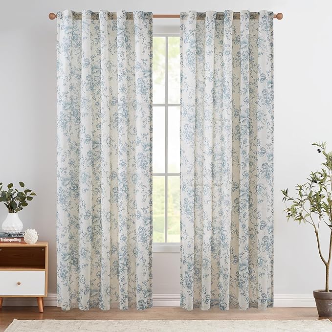 jinchan Linen Blend Curtain Floral Curtains for Living Room 84 Inch Length Blue Printed Curtain Rod Pocket Back Tab Farmhouse Peony Flower Patterned Drapes Bedroom Window Curtains Set 2 Panels