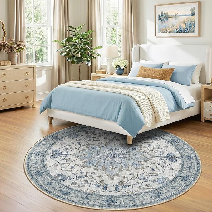 Area Rugs 7ft Washable Non-Slip, Floral Vintage Distress Print Pattern Medallion Carpet for Living Room Bedroom Dining Room, Light Blue Navy Beige Gray White