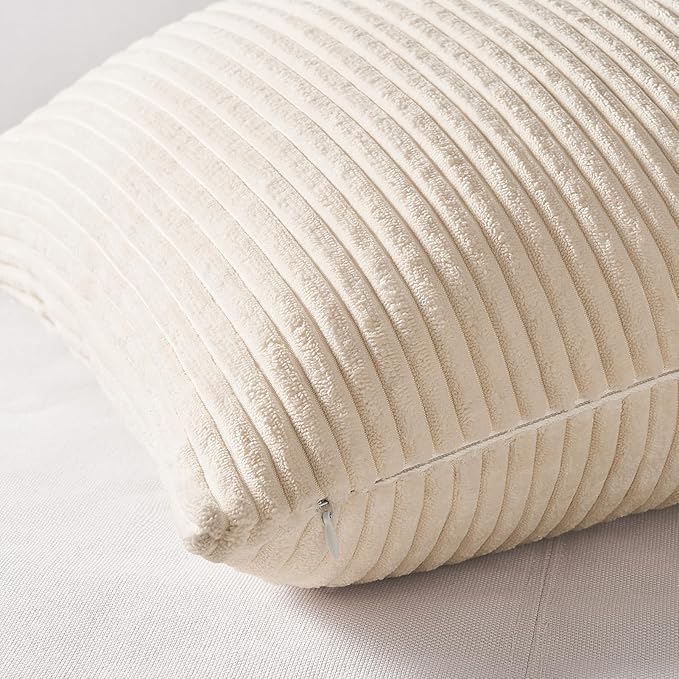 Topfinel 4 Packs Neutral Decorative Throw Pillows Covers 16x16 Inch for Living Room Couch Bed Sofa, Rustic Farmhouse Boho Neutral Home Decor, Soft Plush Striped Corduroy Square Cushion Case 40x40 cm