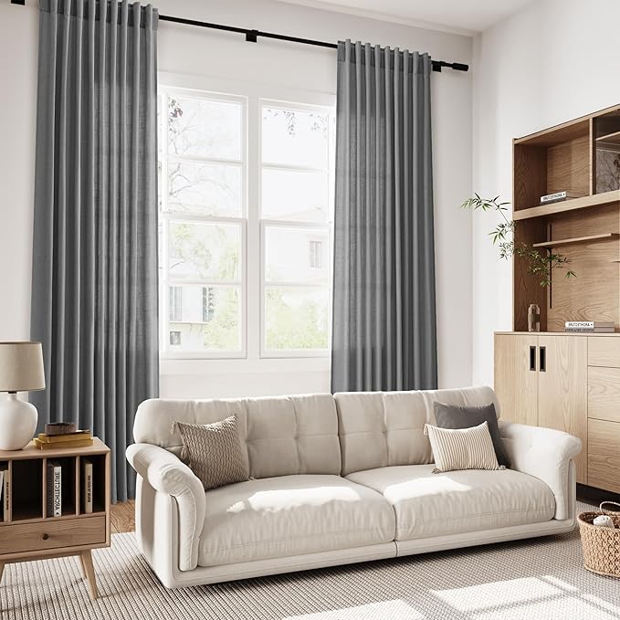 Nanspring Blazer Grey Curtain Linen Blend Light Filtering Back Tab Curtains 108 Inches Long, Semi Sheer Privacy Drapes for Living Room & Bedroom, 52x108 inch, 2 Panels