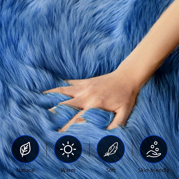 Ciicool Ultra Soft Faux Sheepskin Fur Rug Fluffy Rug for Bedroom Fuzzy Carpet for Living Room Kid's Room Nursery Decor, Dark Blue 2 x 6 Feet
