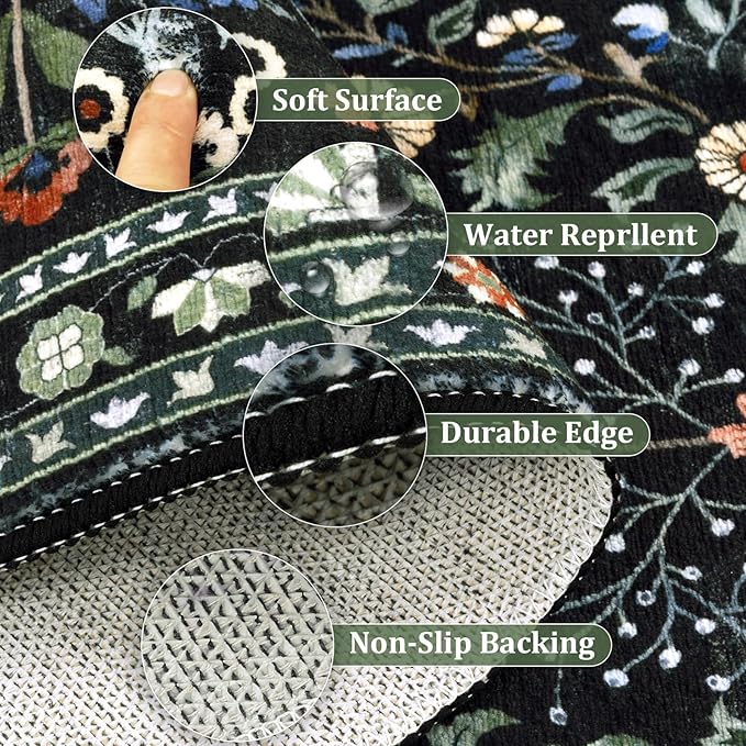 Yamaziot Washable Runner Rug 2x8 – Boho Non Slip Floral Hallway Runner Rug with Rubber Backing, Low Pile Distressed Carpet for Kitchen, Laundry, Bedroom, Entrance, Colorful Black