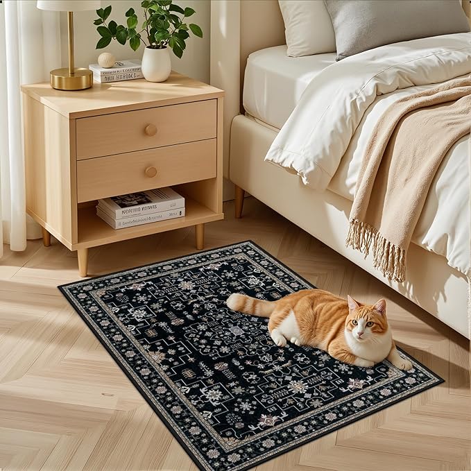 2x3 Area Rugs Living Room Rug: Washable Vintage Boho Medallion Rug No Slip Stain Resistant Soft Carpet Indoor Floor Large Carpets for Bedroom Dining Room Farmhouse Nursery Hallway Home Office Black