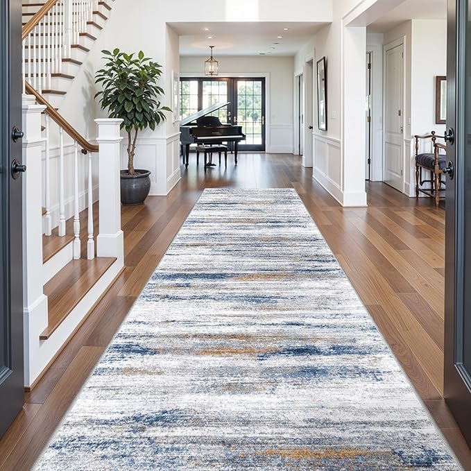 6x12 Runner Rug for Wide Hallway: Long Washable Area Rugs for Living Room Dining Room Office - Stain and Water Resistant Runners with Non-Slip Backing - Soft Low-Pile Thin Carpet Navy Grey