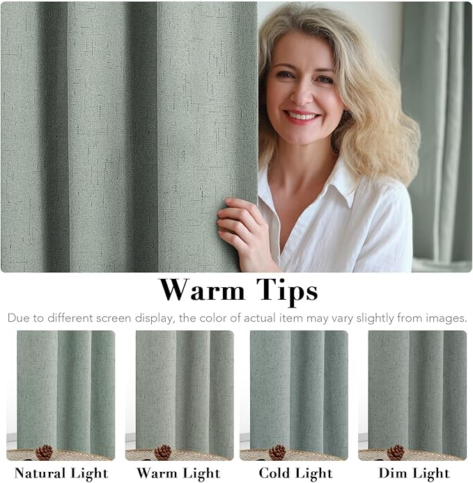 H.VERSAILTEX Linen Blackout Curtains 63 Inches Long 100% Blackout Thermal Insulated Textured Linen Look Curtain Draperies Anti-Rust Grommet, Energy Saving with White Liner, 2 Panels, Green Bay