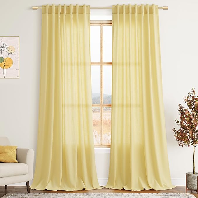 Yellow Linen Semi Sheer Curtains 120 Inches Long 2 Panels Set Back Tab Loop Pocket Linen Blend Boho Decor Large Window Curtain Extra Long Light Filtering Drapes High Ceiling for Living Room 52x120