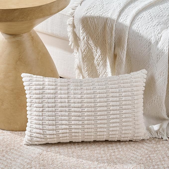 Fancy Homi Set of 4 Grey and White Lumbar Rectangle Decorative Throw Pillow Covers 14x24 Inch for Couch Bed Chair, Farmhouse Boho Room Decor, Soft Fuzzy Thick Corduroy Textured Cushion Case 35x60cm