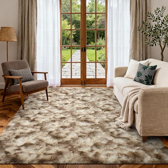 4x6 Ft Shag Area Rug for Bedroom Living Room, Tie-Dyed Ultra Soft Fluffy Furry Rugs for Indoor Floor, Aesthetic Carpet for Kids Home Decor (Khaki)