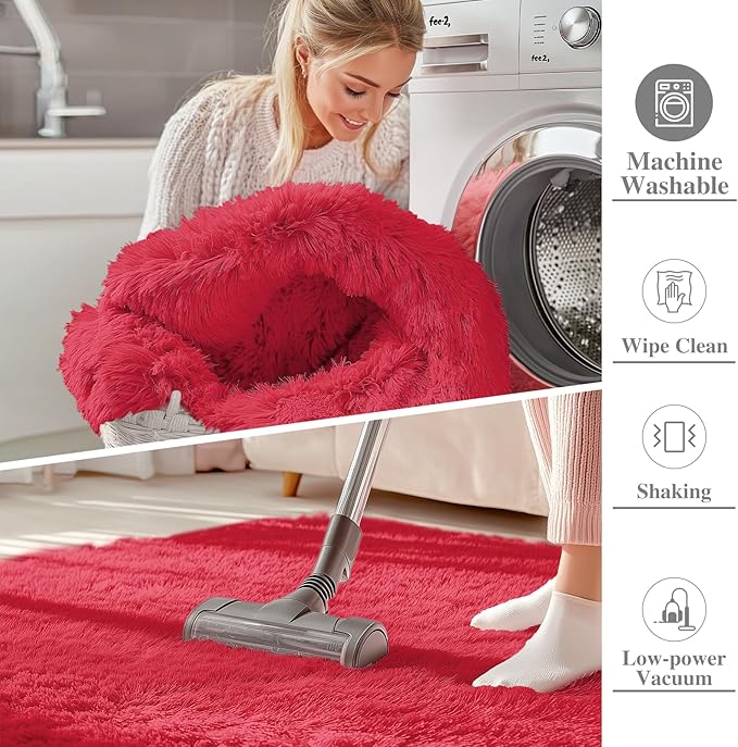 OLANLY 2x4 Machine Washable Runner Rugs for Hallway, Soft Fluffy Shaggy Bedside Rugs for Bedroom, Living Room, Indoor Floor Carpet for Kids Girls and Boys, Nursery Rooms, Home Decor Aesthetic, Red