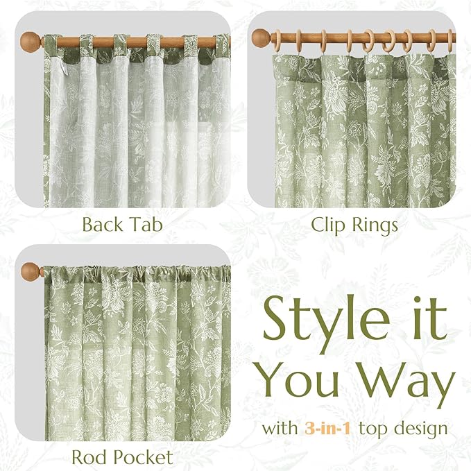 jinchan Linen Floral Curtains for Living Room with Printed Flower 84 Inches Long Light Filtering French Country Back Tab Rod Pocket Sage Green Window Curtain Set Farmhouse Drapes 2 Panels